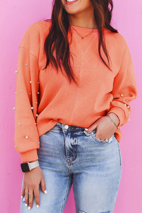 Pearled Sleeves Drop Shoulder Round Neck Pullover Sweatshirt
