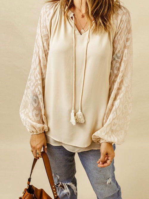 Leopard Mesh Bubble Sleeve Split Neck Blouse