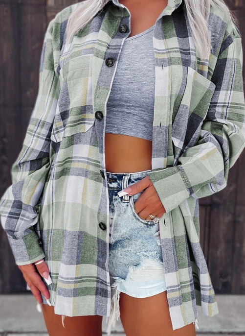 Green Plaid Button Up Patch Pocket Shirt