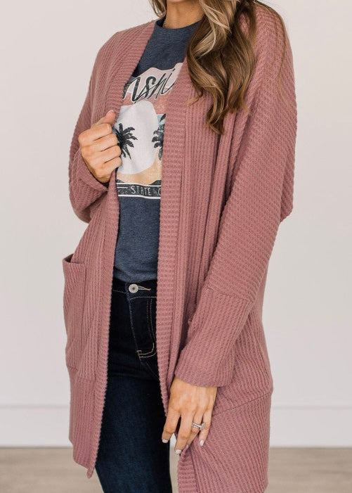 Waffle Knit Cardigan with Pocket