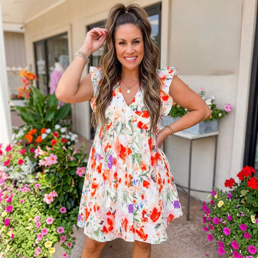 Floral Double Ruffle Sleeve V Neck High Waist Mini Dress