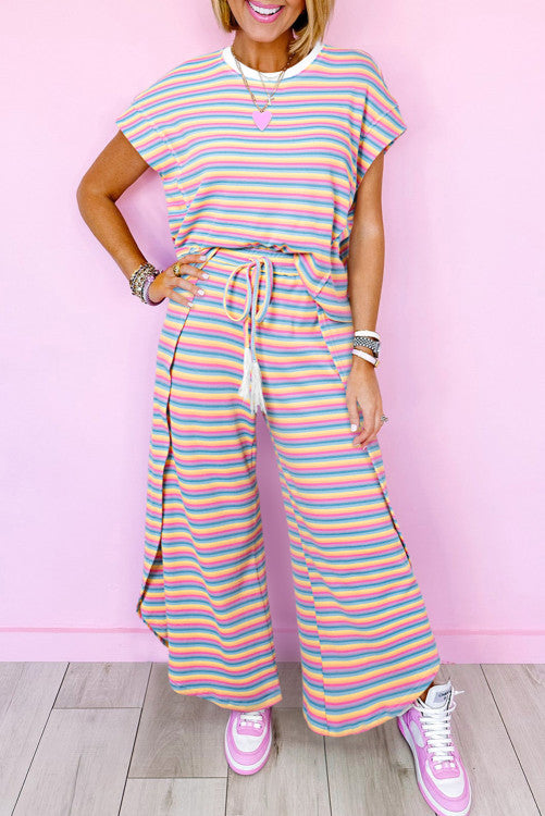 Striped Tee Tasseled String Wide Leg Pants Set