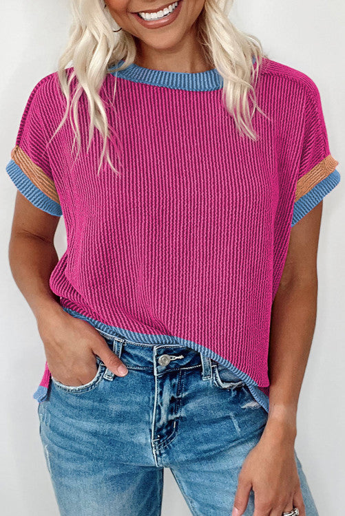 Textured Contrast Trim Round Neck T Shirt