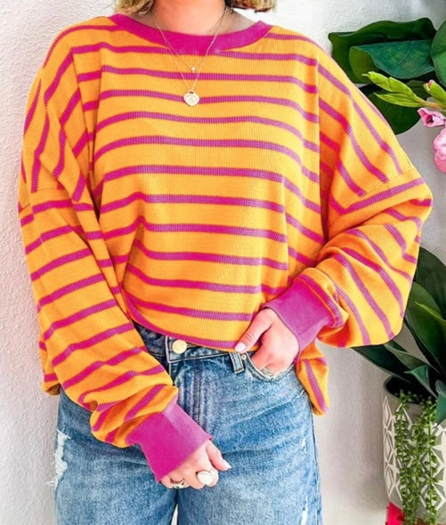 Stripe Trimmed Round Neck Drop Shoulder Loose Sweater