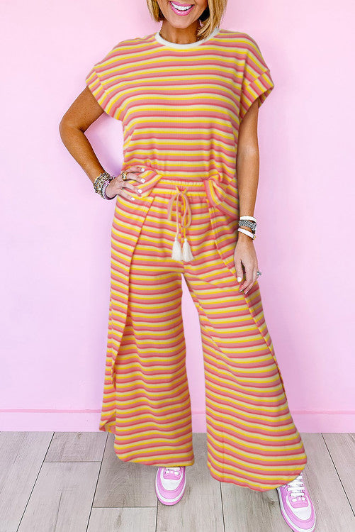 Striped Tee Tasseled String Wide Leg Pants Set