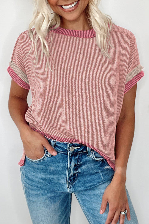 Textured Contrast Trim Round Neck T Shirt