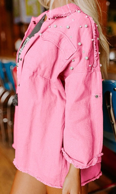 Bonbon Pearl Beaded Raw Hem Button Up Denim Jacket