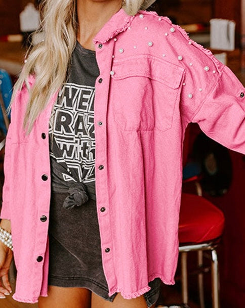 Bonbon Pearl Beaded Raw Hem Button Up Denim Jacket