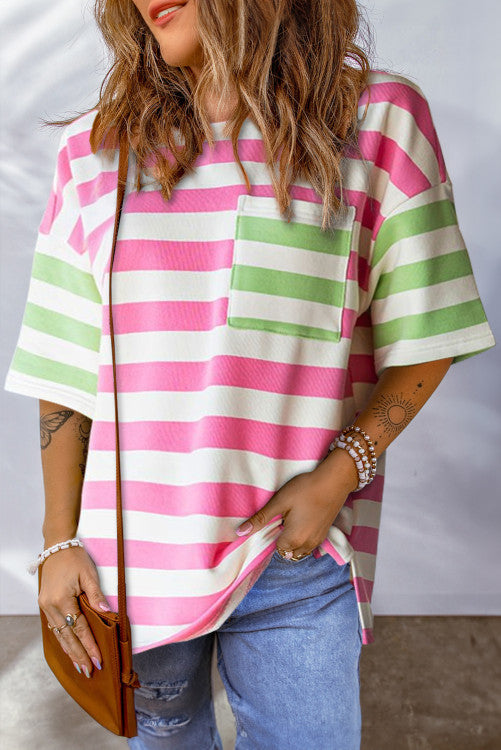 Stripe Contrast Patch Pocket Drop Sleeve T Shirt