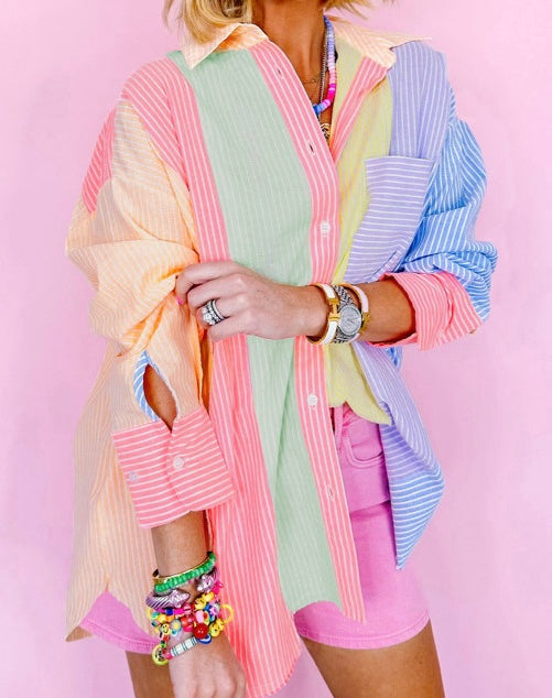 Stripe Color Block Chest Pocket Oversized Shirt