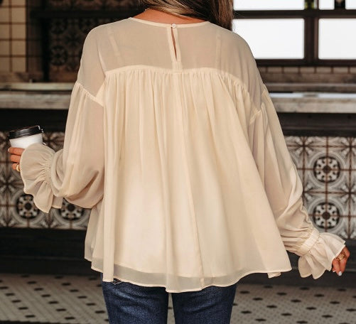 Pleated Ruffle Long Sleeve Chiffon Blouse