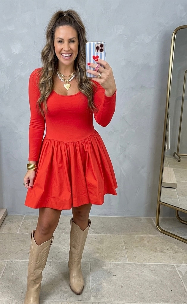 U Neck Long Sleeve Fit and Flare Short Dress