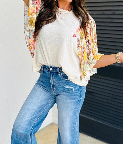 Floral Patchwork Half Batwing Sleeve Blouse