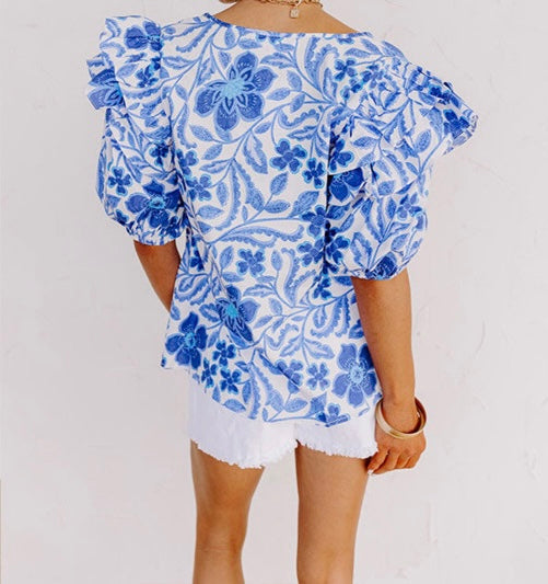 The Azul Floral Print Ruffled Bubble Sleeve Blouse