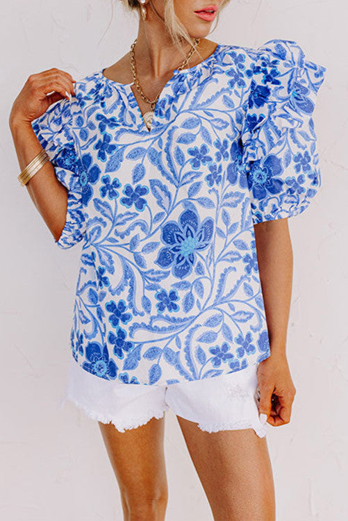 The Azul Floral Print Ruffled Bubble Sleeve Blouse