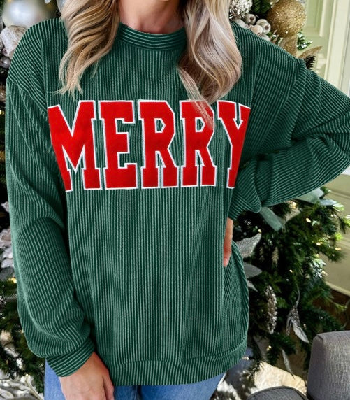 Twisted Rib Outlined Merry Letter Graphic Loose Long Sleeve Top