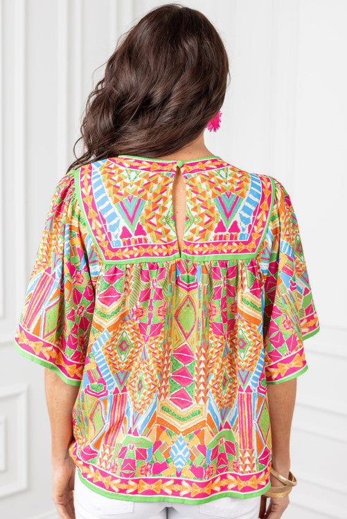 Geometric Print Bell Sleeve O Neck Babydoll Blouse