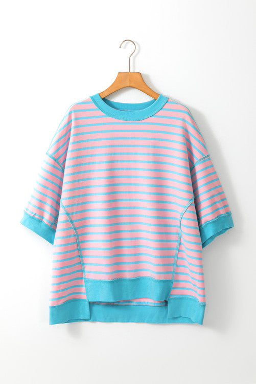 Stripe Oversized Contrast Trim Exposed Seam High Low T Shirt