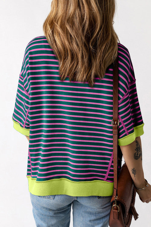 Stripe Oversized Contrast Trim Exposed Seam High Low T Shirt