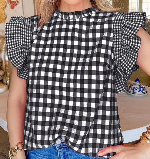 Checkered Ruffled Sleeve Frilled Neck Blouse