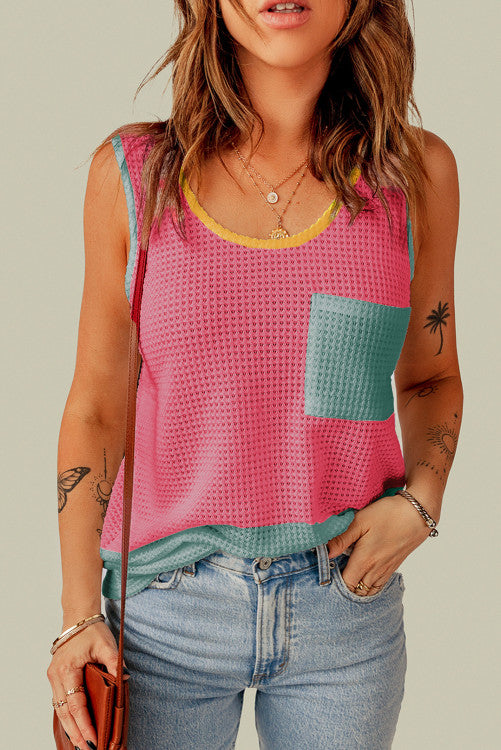 Color Block Patched Pocket Breathable Knit Tank Top