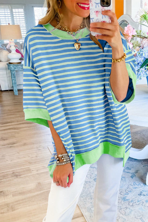 Stripe Oversized Contrast Trim Exposed Seam High Low T Shirt