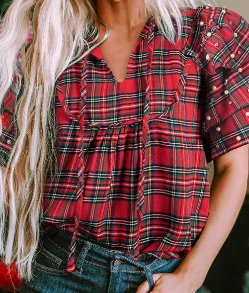 Plaid Pearl Embellished Ruffle Short Sleeve Blouse