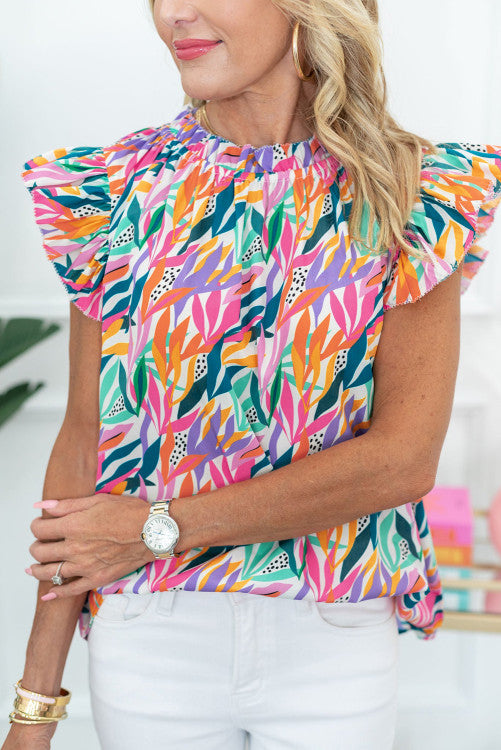 RTS Bright abstract ruffle neck top