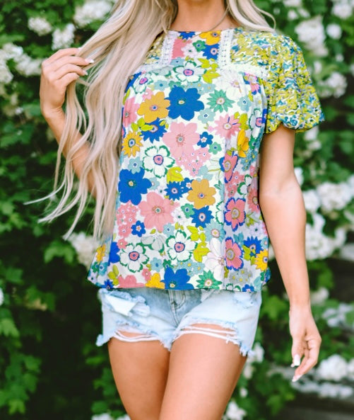 Bubble Sleeve Lace Trim Floral Mixed Print Blouse