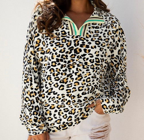 Leopard Print Contrast Striped V Neck Blouse