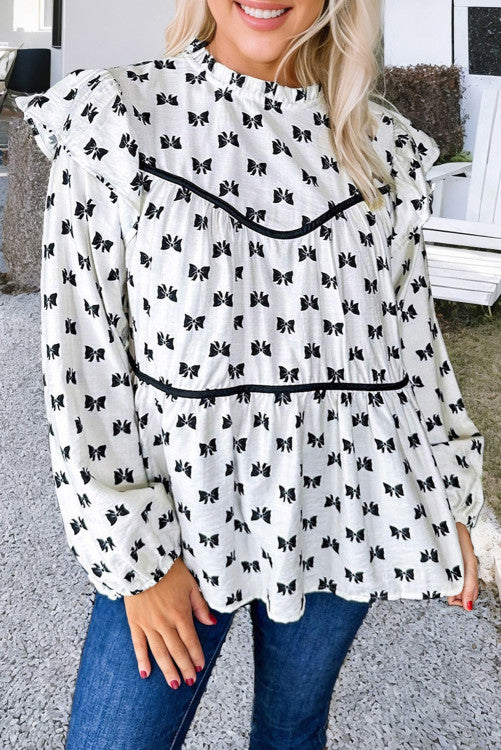 Bow Knot Print Piping Trim Ruffled Crew Neck Blouse