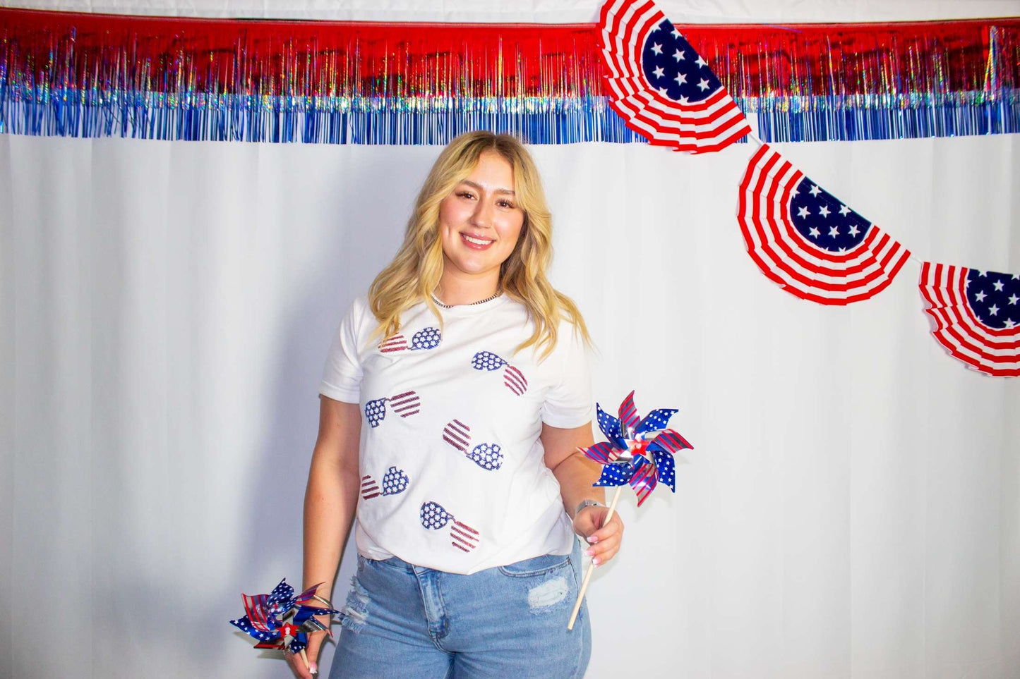 Sequined American Flag Sunglasses Crew Neck Tee