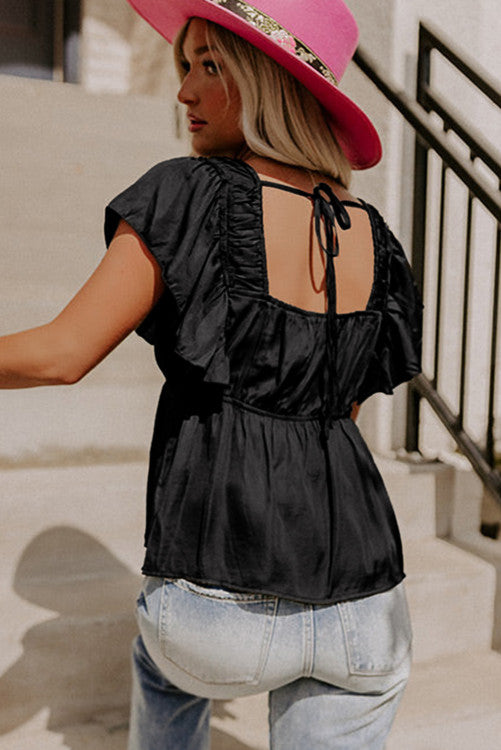 Black V Neck Ruffle Babydoll Peplum Top