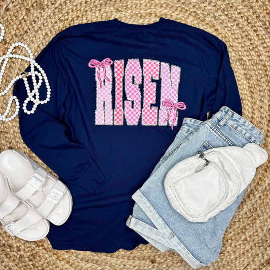 Risen Checkered Easter Front and Back Graphic Long Sleeve Tee