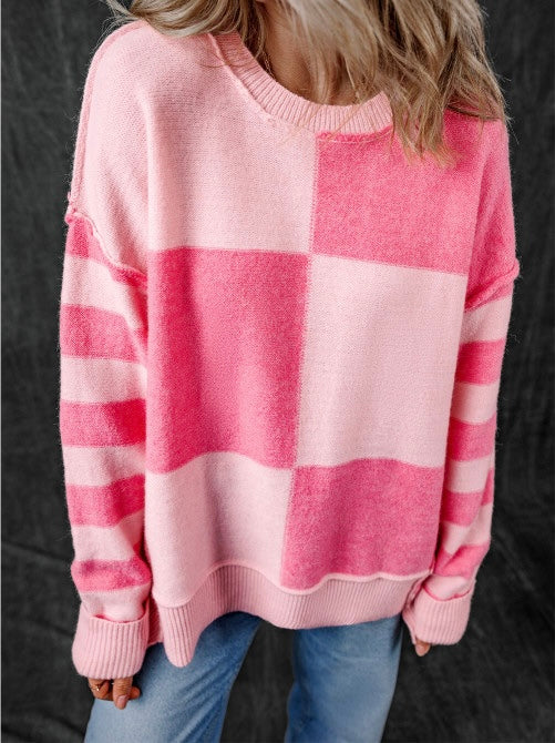 Checkered Colorblock Striped High Low Loose Sweater