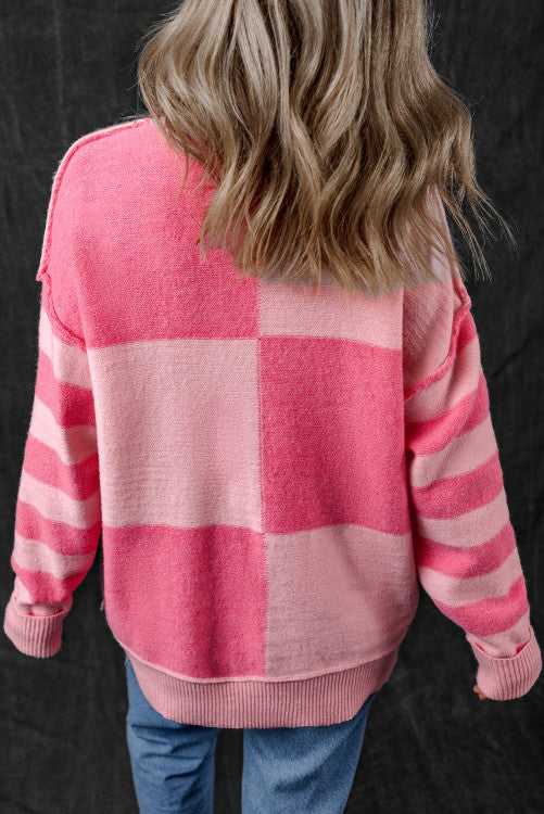 Checkered Colorblock Striped High Low Loose Sweater