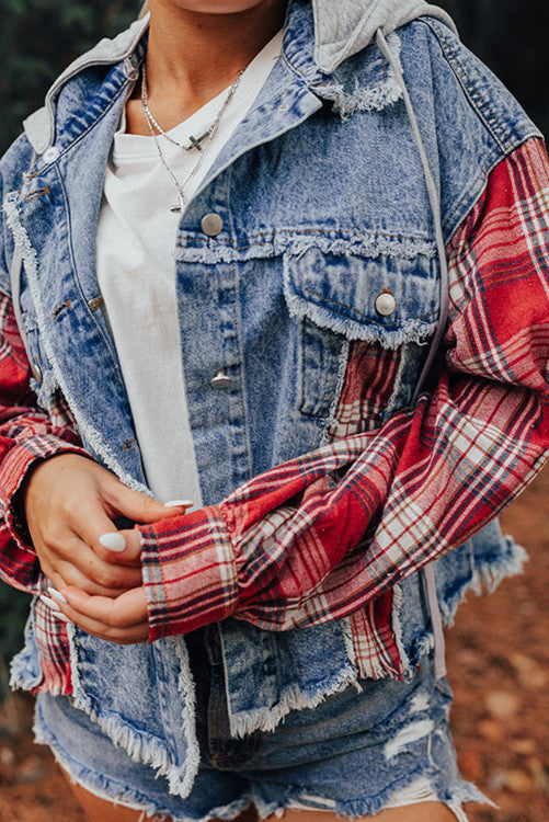 Plaid Print Patchwork Hooded Raw Hem Denim Jacket