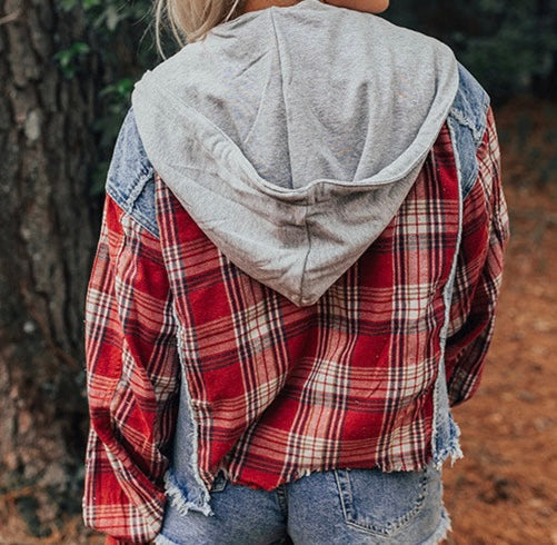 Plaid Print Patchwork Hooded Raw Hem Denim Jacket