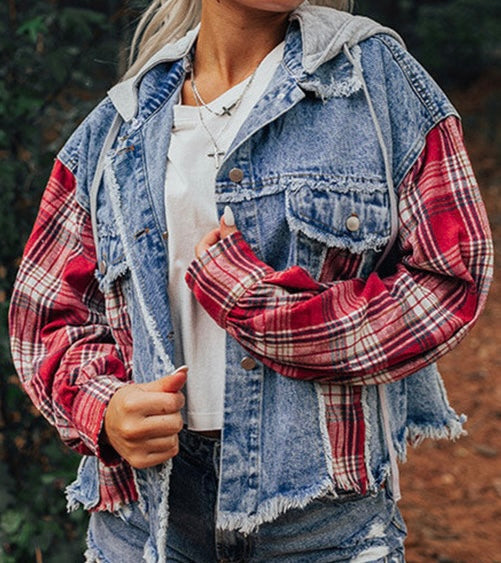 Plaid Print Patchwork Hooded Raw Hem Denim Jacket