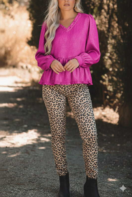 Metallic Frilled V Neck Puff Sleeve Babydoll Blouse