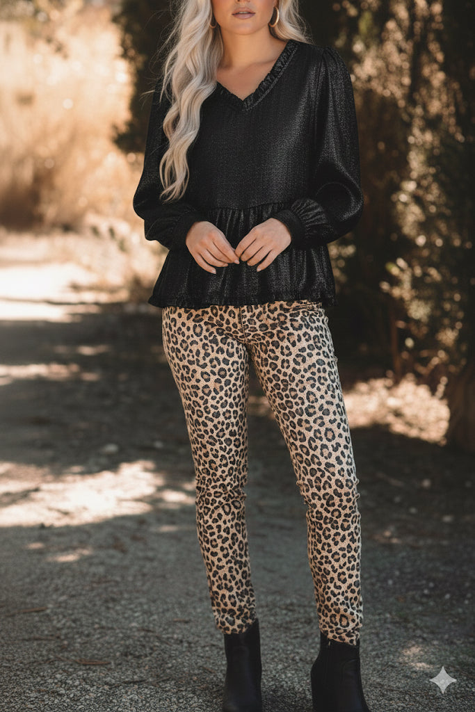 Metallic Frilled V Neck Puff Sleeve Babydoll Blouse