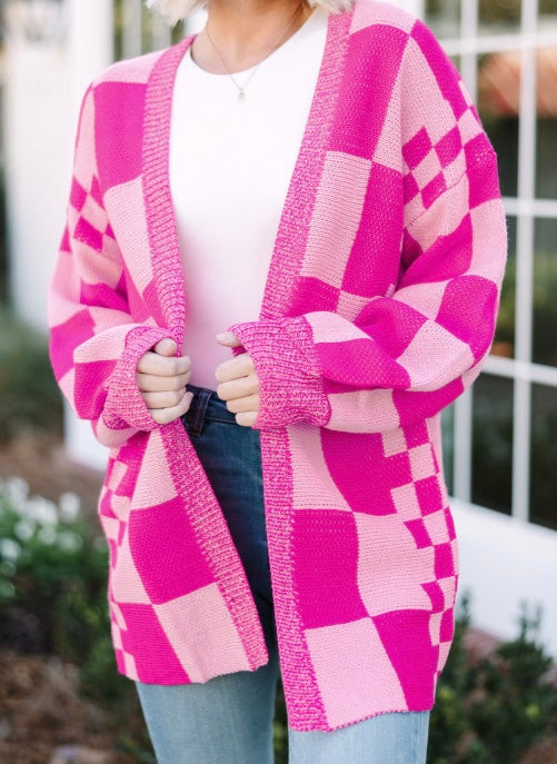 Checkered Print Open Front Cardigan