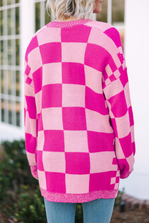 Checkered Print Open Front Cardigan