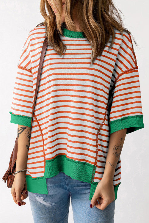 Stripe Oversized Contrast Trim Exposed Seam High Low T Shirt