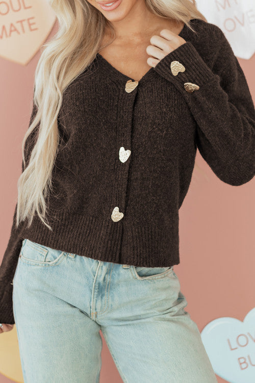 Heart Metal Button V Neck Cardigan Sweater