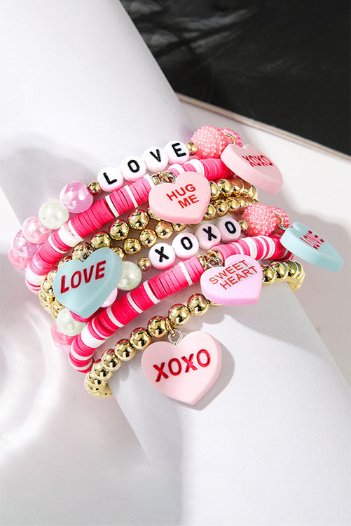 Heart Pendant Beaded Elastic Bracelet Set