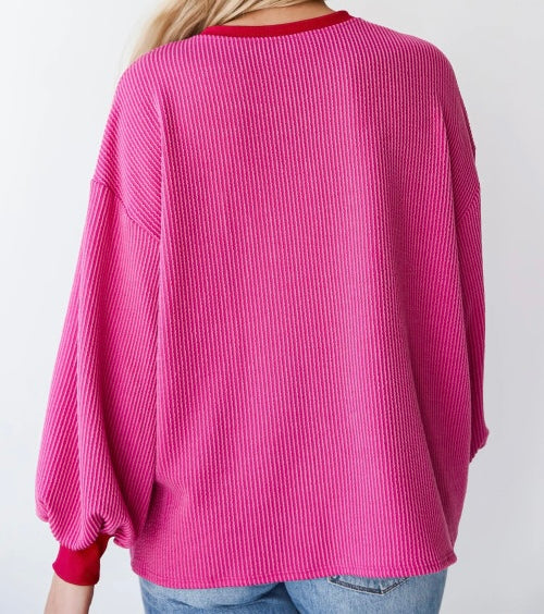 Corded Contrast Edge Drop Shoulder Long Sleeve Top