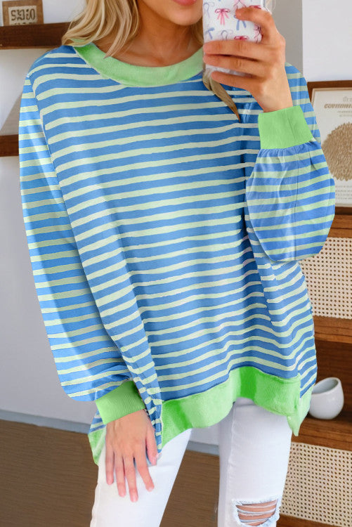 Stripe Contrast Trim High Low Pullover Tunic Sweatshirt