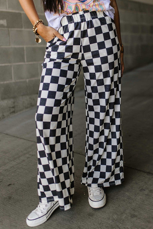 Checked Print High Waist Wide Leg Pants