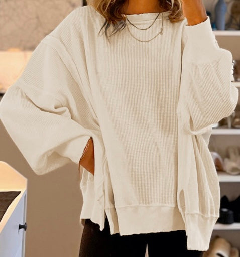 Waffle Knit Bishop Sleeve Split Oversized Sweatshirt